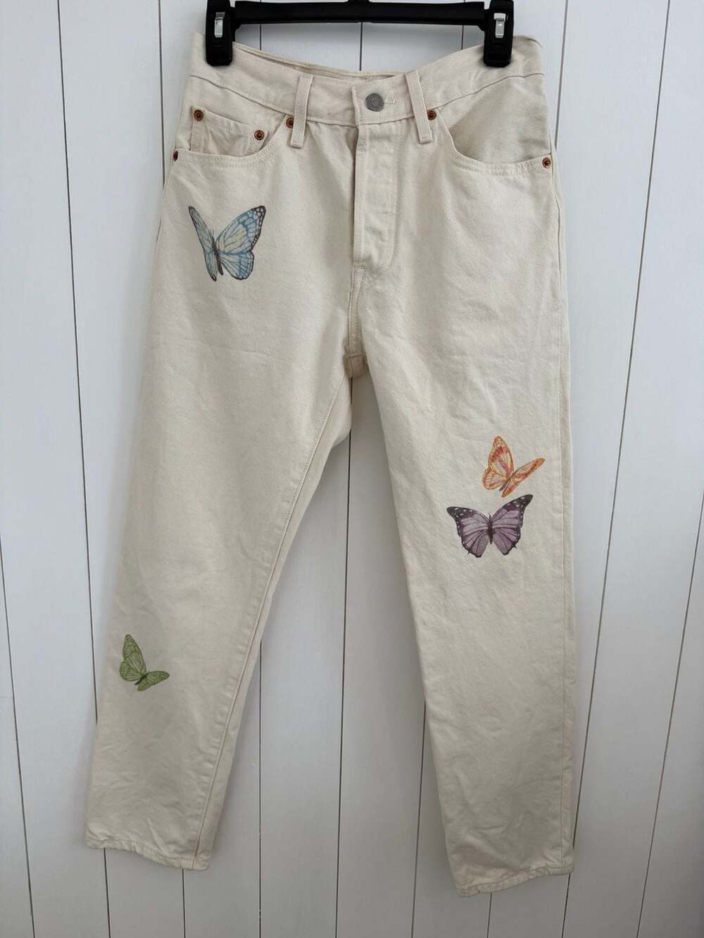 Levi's 501 Jeans Size W26 L28 Off-White Butterfly Print Button Fly